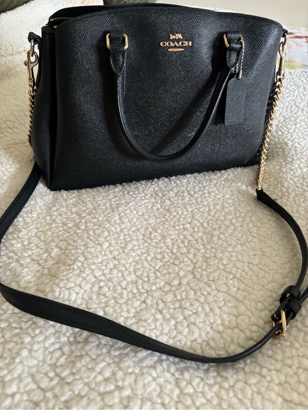 Coach Black Leather Satchel with Gold Chain Accent